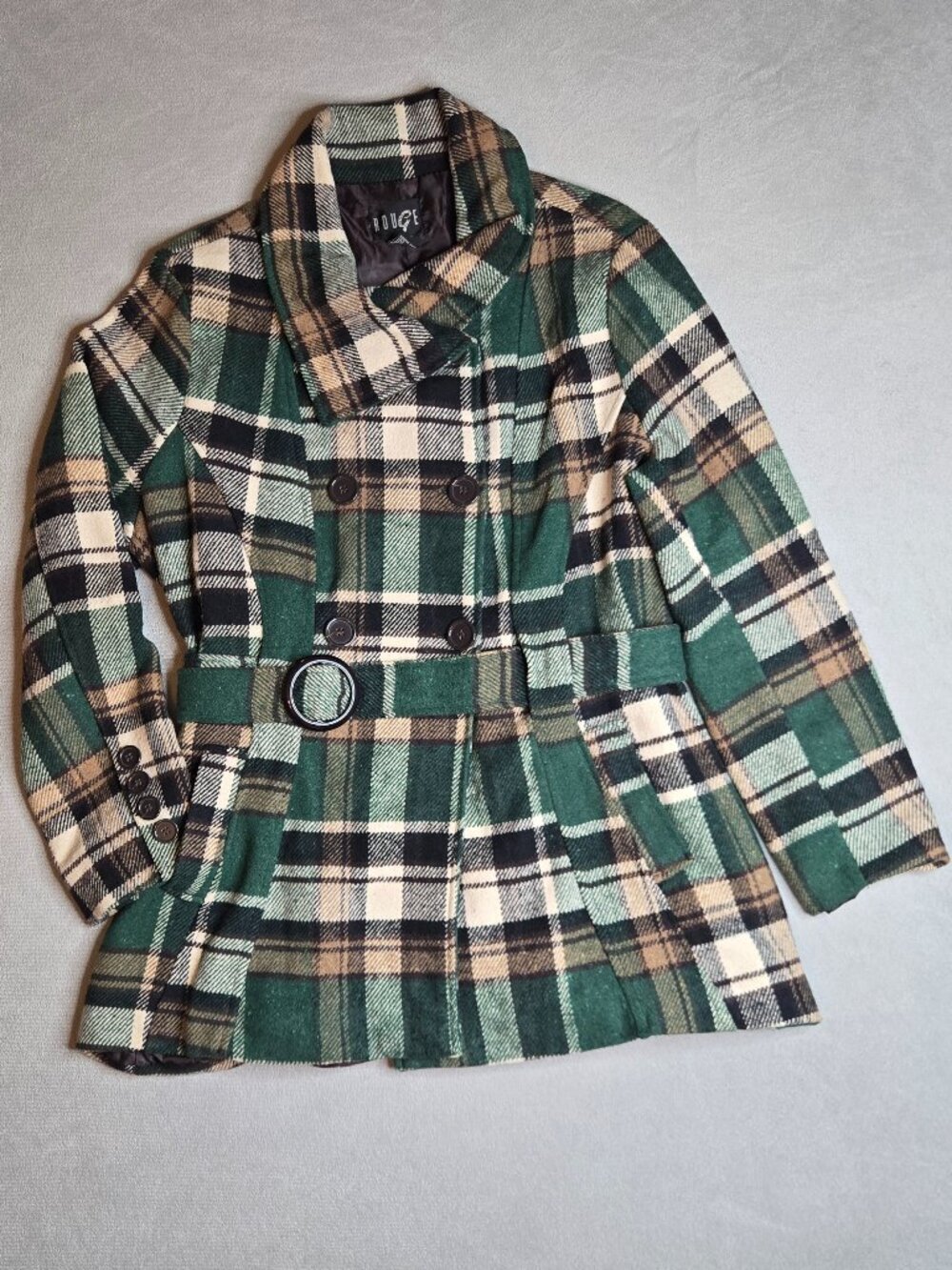 ROUGE Women’s Plus 3X Green Plaid Belted Double-Breasted Lined Pea Coat